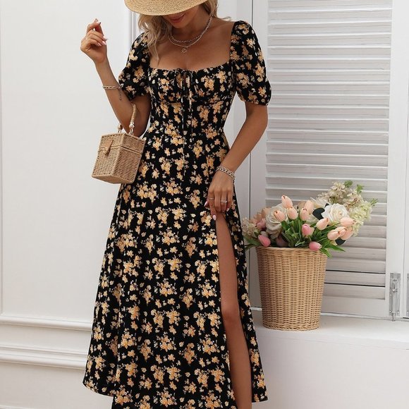 Boho Allover Floral Knot Split Thigh A-line Dress - Picture 4 of 5